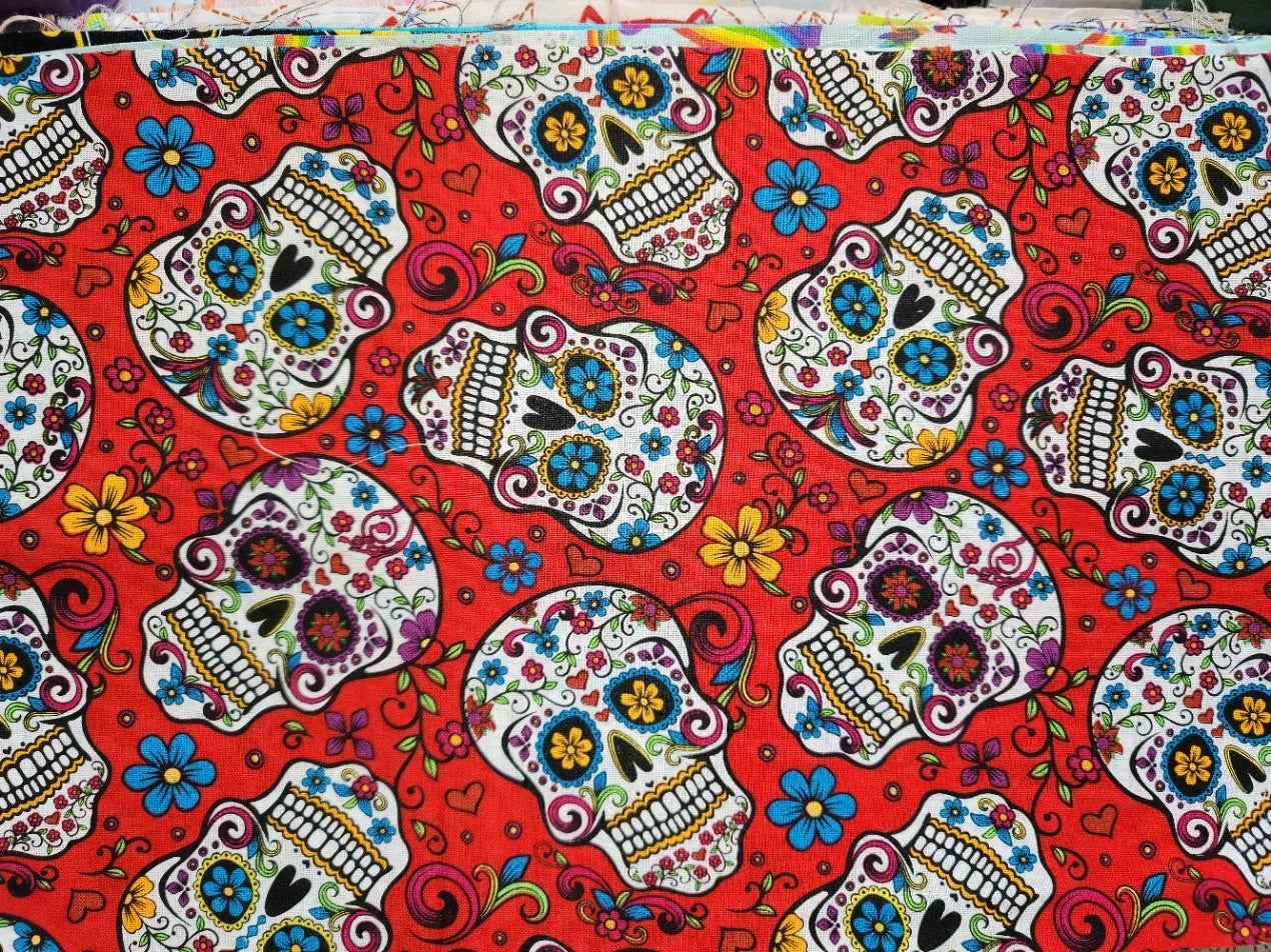 Red Sugar Skulls Fabric